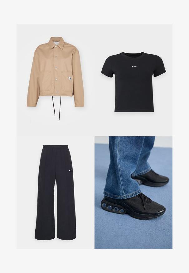 Carhartt WIP SIMPLE SHIRT JACKET - Summer jacket - beige; Black short-sleeve t-shirt made of cotton with a round neckline. Features a white Nike logo on the chest, minimalistic design, and fitted shape.; Black wide-leg pants with an elastic waistband and a small white Nike logo. Fabric has a smooth texture, designed for comfort and casual wear.; Black athletic sneakers with mesh upper, textured accents, and visible air cushioning pods in the sole. Worn with blue denim jeans.