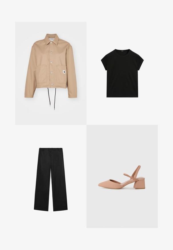 Carhartt WIP SIMPLE SHIRT JACKET - Lichte jas - beige; Zwarte t-shirt met korte mouwen en ronde hals, met een rechte zoom, plat weergegeven op een witte achtergrond.; Wijd uitgesneden zwarte broek van een katoenmix stof, met een zachte textuur, voorzakken en minimale stikseldetails.; Nude slingback pumps met een spitse neus, textuur op het bovenmateriaal en een vierkante blokhak van gematigde hoogte. Eenvoudige band over de achterkant.