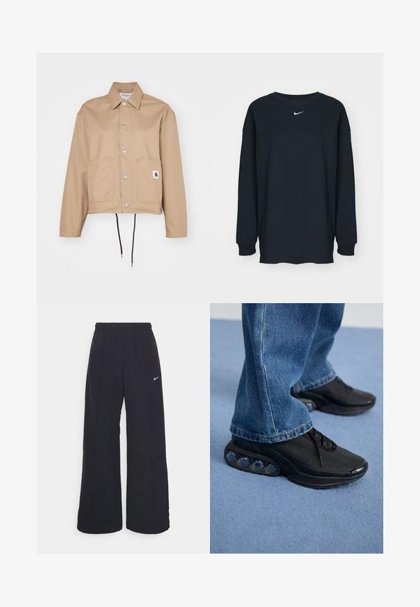 Carhartt WIP SIMPLE SHIRT JACKET - Lichte jas - beige; Zwarte lange mouwen T-shirt van katoen met een ronde hals. Bevat een wit Nike-logo op de borst. Zachte textuur, eenvoudig ontwerp.; Zwarte wijde broek met een elastische tailleband en een klein wit Nike-logo. De stof heeft een soepele textuur, ontworpen voor comfort en casual gebruik.; Zwarte sportieve sneakers met een bovenwerk van mesh, gestructureerde accenten en zichtbare luchtkussentjes in de zool. Gedragen met blauwe denim jeans.