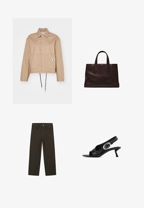 Carhartt WIP SIMPLE SHIRT JACKET - Giacca leggera - beige; T-shirt in cotone marrone, maniche corte, collo a giro, vestibilità abbastanza ampia, texture liscia, design minimalista, senza motivi o dettagli visibili.; Jeans a gamba larga di colore verde scuro, realizzati in tessuto misto cotone, dotati di chiusura con bottone frontale, cinque tasche e cuciture classiche in denim.; Scarpa slingback in pelle nera con punta aperta, dotata di una particolare fibbia ovale argento sulla cinghia e un tacco a rocchetto sottile. Texture liscia.; Borsa a spalla in pelle marrone con due manici lunghi, forma rettangolare strutturata, texture liscia e dettagli di cucitura sottili.
