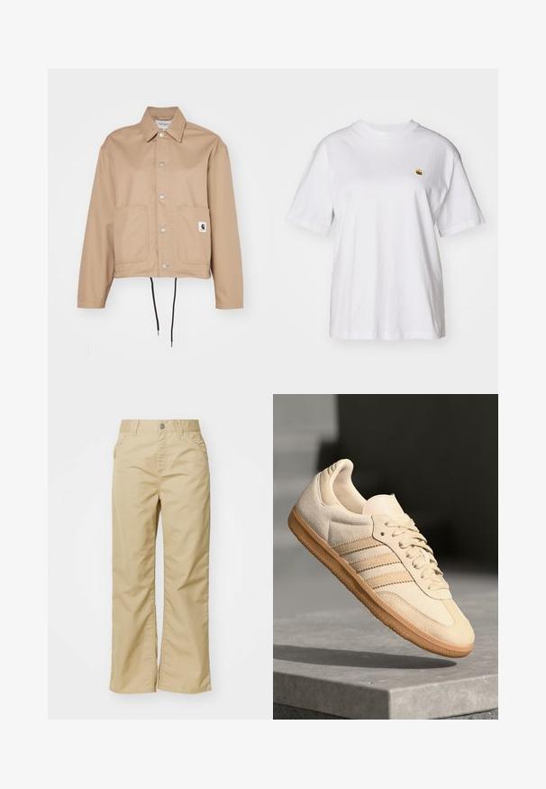 Carhartt WIP SIMPLE SHIRT JACKET - Poletna jakna - beige; Bela bombažna majica s sproščenim krojem, kratkimi rokavi in majhnim vezenim logotipom na levi strani prsnega predela.; Bež široke hlače madeža iz bombaža z gladko teksturo, ki imajo sprednja žepa in srebrn gumb na pasu.; Svetlo bež semišni športni copat z gumijastim podplatom, trije poševni trakovi in teksturiran zaščitni del. Vsebuje logotip na ježku in strani.