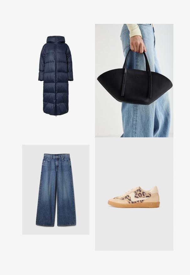 Sötétkék puffermellény kapucnival, elülső cipzárral, túlságosan nagy fazonnal és steppelt textúrával. Az alja a vádli közepéig ér.; Világosszürke, cipzáros kapucnis pulóver, fonott mintákkal, bordázott aljjal és mandzsettával, sima textúrával. Tökéletes rétegezéshez.; Fekete, rövid ujjú póló, kerek nyakkivágással, sima pamut anyagból készült, egyszerű dizájnnal, látható minták vagy kiegészítők nélkül.; Széles lábú kék farmernadrág elhalványodott felülettel, gombos és cipzáras záródással, öt zsebbel és övhurkokkal.; Leopárdmintás sportcipő bézs velúr felsőrésszel, világosbarna gumitalppal és fehér kiegészítőkkel. Kerek orr, fűzős kialakítás, és textúrázott felület jellemzi.; Fekete bőr kézitáska egyedi legyezőformával, lapos füllel. A felülete kőriszerű textúrájú és minimalista dizájnnal rendelkezik.