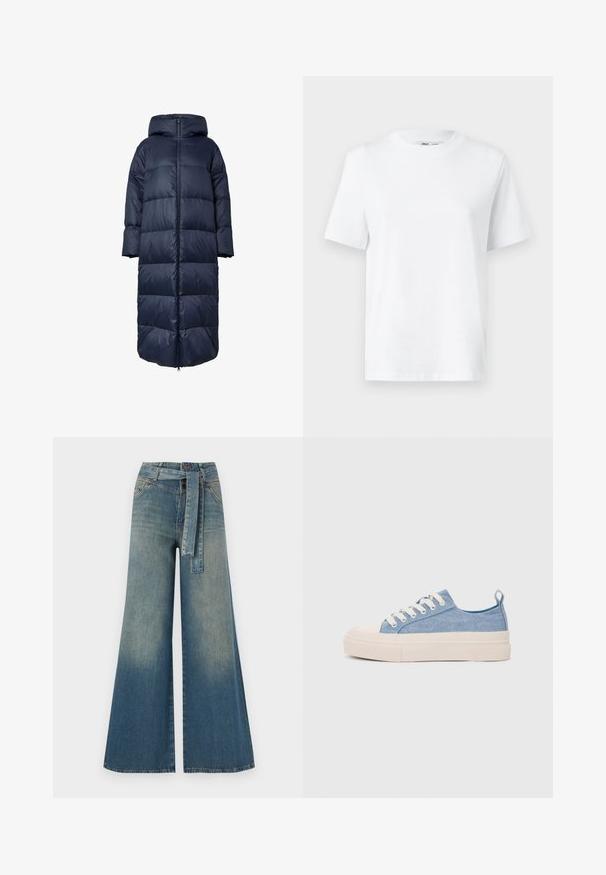 Tamsiai mėlynas pūkuotas paltas su kapišonu, turintis priekinį užtrauktuką, per didelio dydžio dizainą ir siuvinėtos tekstūros. Dugno ilgis siekia vidurinę blauzdos dalį.; Balta medvilninė marškinėlių suapvalintais kaklais, turinti trumpas rankoves ir lygią tekstūrą. Sukurta su laisvu siluetu, skirtu patogumui ir universalumui.; Platus džinsinis kelnes su šviesiai tamsiai mėlynu gradientu, aukštu juosmeniu, diržo kilpomis ir atitinkančiu audinio diržu. Textūruotas džinsinis paviršius.; Šviesiai mėlyni drobės sportbačiai su kreminiu guminiu pirštų apsaugos ir pado elementu, balti raišteliai ir kilpa ant kulno.