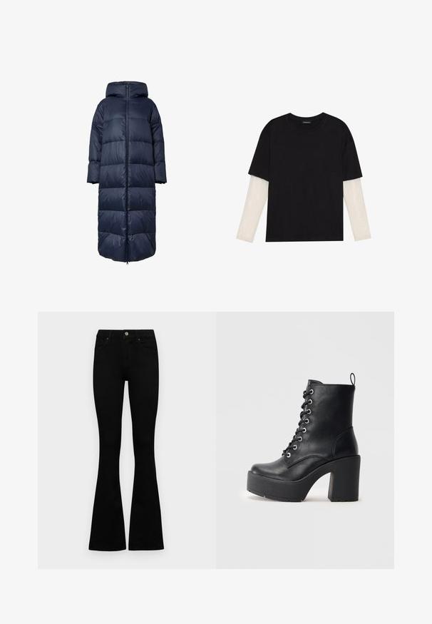 Marineblå pufferjakke med hette, med glidelås foran, oversized design og kviltet tekstur. Hemslengden når til midt på leggen.; Svart T-skjorte laget av bomull, med korte ermer over et hvitt langermet lag med en subtil teksturert mønster. Rund hals design.; Sorte høytlivsjeans med knapp og glidelås, frontlommer og utsvingte bein liggende flatt på en hvit bakgrunn.; Sorte læder ankelstøvle med en kraftig blokhæl, snøre foran og tekstureret overflade. Har en flap på bagsiden for nem påtagning.