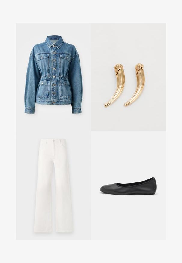 Világoskék farmerdzseki, galléros nyakkal, elülső zsebekkel és elasztikus derékrésszel. Ezüst gombokkal és laza szabással rendelkezik.; Barna kötött garbó pulóver hosszú ujjal, bordázott mandzsettával és szegéllyel, fehér háttéren bemutatva.; Fehér, magas derekú, bő szabású farmernadrág. Gombos záródással, két elülső zsebbel és oldalsó varrásokkal rendelkezik, amelyek varrási részleteket tartalmaznak.; Fekete bőr balettcipő lekerekített orral, sima tekstúrával, minimális varrással és rugalmas talp kialakítással.; Arany tónusú fém hajcsatok, ívelt, bordázott kialakítással. Simára csiszolt felület, fényes kialakítással és lekerekített végződésekkel. Két darab látható.