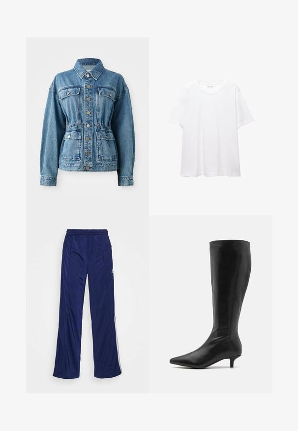 Light blue denim jacket with a collared neckline, front pockets, and elastic waist. Features silver buttons and a relaxed fit.; Plain white t-shirt made of cotton with a round neckline, short sleeves, and a relaxed fit. Smooth texture with no patterns or accents.; Navy athletic pants with an elastic waistband, straight legs, and side zippers. Features white piping along the sides. Smooth fabric texture.; RAID ALPINE - Boots - black