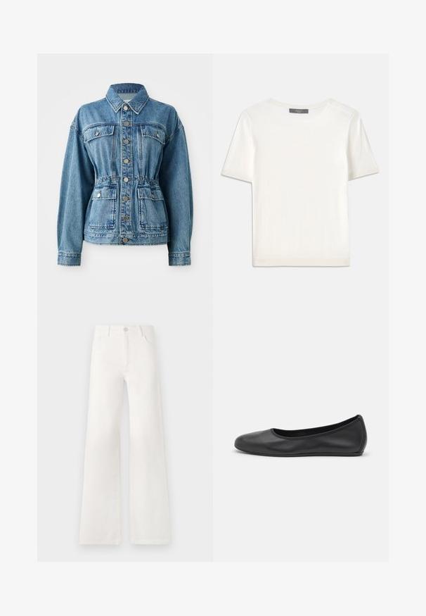 Svetlo modrá džínsová bunda s golierom, prednými vreckami a elastickým pásom. Má strieborné gombíky a voľný strih.; Biele krátke rukávy pletené tričko s okrúhlym výstrihom, ktoré má jemnú textúru a nenápadné rebrované detaily na rukávoch a leme.; Biele, vysoko pásové široké nohavice vyrobené z denimu. Obsahujú gombíkovú zatváranie, dve predné vrecká a bočné švy s detailmi šitia.; Čierne kožené baleríny s okrúhlou špičkou, hladkým povrchom, minimálnym prešívaním a flexibilným dizajnom podrážky.