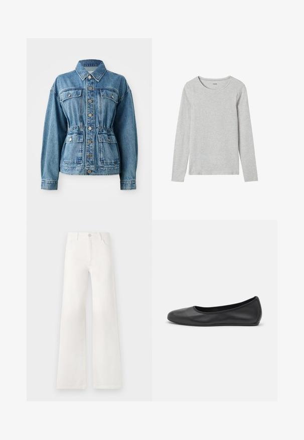 Chaqueta de mezclilla azul claro con cuello tipo solapa, bolsillos frontales y cintura elástica. Presenta botones plateados y un corte relajado.; Camisa gris de manga larga hecha de una mezcla ligera de algodón, con un escote redondo y una textura lisa sin patrones ni acentos.; Jeans blancos de tiro alto y pierna ancha, confeccionados en denim. Cuentan con un cierre de botón, dos bolsillos frontales y costuras con detalles en las costuras laterales.; Bailarina de piel negra con punta redondeada, textura suave, detalle de costura minimalista y diseño de suela flexible.