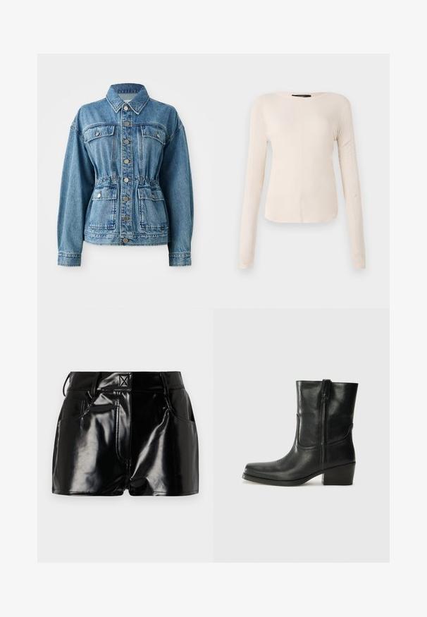Lichtblauwe denimjack met een kraag, voorzakken en een elastische taille. Voorzien van zilveren knopen en een ontspannen pasvorm.; Langsleeve, lichtbeige top met een ronde halslijn. Gemaakt van zachte stof, heeft een centrale naad en een iets gebogen rand. Geen zichtbare hardware.; Zwarte, glanzende shorts van synthetisch materiaal. Heeft een aansluitende taille, riemlussen en voorzakken met opvallende stikseldetails.; Zwarte leren enkellaars met een ronde neus, blokhak, zijrits en stikselaccenten op de wreef. Gladde textuur, klassiek ontwerp.