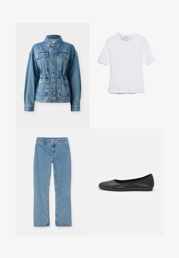 Šviesiai mėlynas džinsinis švarkas su apykakle, priekinėmis kišenėmis ir elastinga juosmeniu. Turtingas sidabrinės spalvos mygtukų ir laisvas kirpimas.; Balta trumpa rankovėmis marškinėliai, pagaminti iš pasiruošusio audinio. Apvali iškirptė, reguliari tinkamumas ir subtilūs siuvimo detalės. Be raštų ar grafikos.; Šviesiai mėlyni tiesaus kirpimo džinsai su mygtukų ir užtrauktuko uždarymu, diržo kilpos ir standartinis siuvimas ant balto fono.; Juodai odiniai baletai su apvaliu pirštu, lygi texture, minimalus siuvimo detales ir lanksčiu padų dizainu.