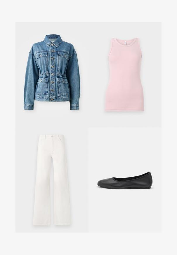 Chaqueta de mezclilla azul claro con cuello tipo solapa, bolsillos frontales y cintura elástica. Presenta botones plateados y un corte relajado.; Top sin mangas de color rosa claro, hecho de una tela suave y elástica. Presenta un escote redondo y tirantes estrechos, con una textura suave y una forma ajustada.; Jeans blancos de tiro alto y pierna ancha, confeccionados en denim. Cuentan con un cierre de botón, dos bolsillos frontales y costuras con detalles en las costuras laterales.; Bailarina de piel negra con punta redondeada, textura suave, detalle de costura minimalista y diseño de suela flexible.