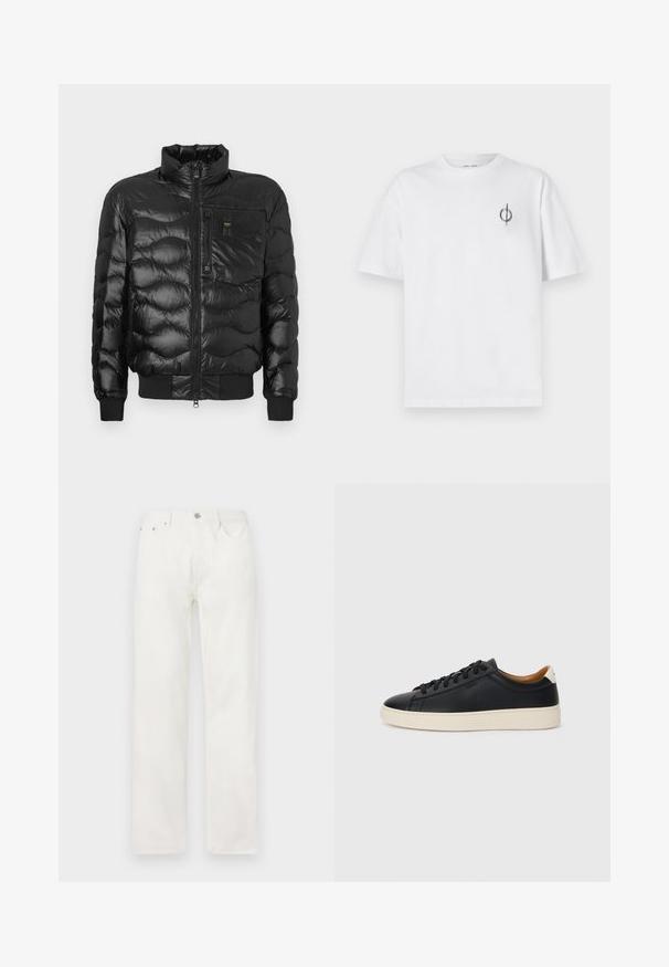 Fekete puffkabát fényes felülettel, magas gallérral, cipzáras záródással és vízszintes steppeléssel. Tartalmaz egy mellzsebet és bordás mandzsettákat.; Fehér pamut póló laza szabással, kis fekete grafikai logóval a bal mellen. Rövid ujjak, kerek nyakkivágás.; Fehér farmernadrág egyenes lábbal, gombos és cipzáras záródással, öt zsebes kialakítással, és látható minták vagy díszítések nélkül.; Fekete bőr sportcipők sima felülettel, bézs gumitalppal, fűzős dizájnnal és kontrasztos sarkú akcentussal.