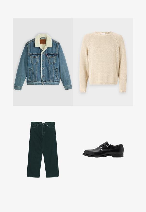 Denim jacket with a light blue wash, faux shearling collar, two chest pockets, and button closures. Features a leather brand patch at the neck.; Beige knit sweater with a round neckline, raglan sleeves, and ribbed hem. Textured fabric with a loose fit and woven appearance.; Dark green wide-leg denim jeans with button and zip closure, front pockets, and belt loops, laid flat on a white background.; Black leather double monk strap shoe with a rounded toe and silver buckles. Smooth texture and a flat heel provide stability.