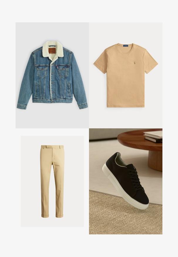 Jaqueta de ganga com um desbotado azul claro, gola de pelúcia sintética, dois bolsos no peito e fechos de botão. Apresenta um patch de marca em pele na parte de trás do pescoço.; T-shirt de manga curta em bege com gola redonda, com pequeno logo bordado da Polo Ralph Lauren no lado esquerdo do peito e etiqueta azul da marca na gola.; Chinos caqui feitos de um tecido de algodão suave, com um design ajustado, pregas frontais e punhos no tornozelo para um visual afinado.; Sneaker preto com sola branca flutuando acima de um tapete texturizado bege, perto de uma mesa redonda de madeira com livros empilhados.