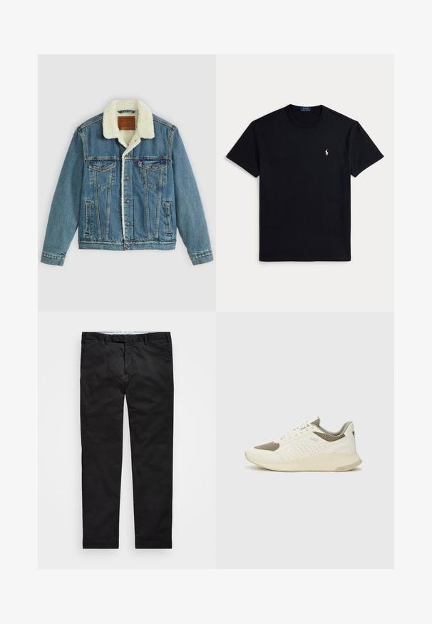 Denimjakke med lys blå vask, kunstskinn krage, to brystlommer og knappelukking. Har en lærmerke på nakken.; Svart bomull t-skjorte med rund hals, korte ermer og en liten brodert logo på venstre bryst. Jevn tekstur.; Sorte chinos med rett ben, laget av bomullsblanding, med glidelås, beltehemper og sidelommer. Glatt tekstur.; Hvit og lysebeige treningssko, med en mesh-overdel, perforerte detaljer og en teksturert mellomsåle med merkevare på hælen.