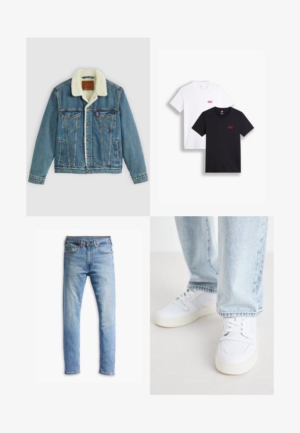 Denimjakke med en lys blå vask, faux shearling-krave, to brystlommer og knaplukninger. Har et lædermærke ved nakken.; To korteærmede T-shirts: en hvid og en sort. Begge lavet af bomuld med et rødt Levi's-logo på brystet. Enkel crew-neck design.; Lyseblå denimjeans med lige snit, fem lommer, knaplukning og subtil falming over stoffet.; Hvide læder lav-top sneakers med perforerede tå, flade snørebånd og minimalistisk design. Kombineret med lyseblå denim jeans.