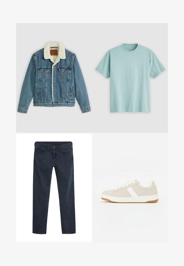 Veste en denim avec un délavage bleu clair, col en fausse fourrure, deux poches poitrine et fermetures à bouton. Présente un patch en cuir de marque au niveau du cou.; T-shirt bleu clair à col rond fabriqué en coton, avec des manches courtes et un petit logo sur la poitrine gauche. Texture lisse.; Jean en denim bleu foncé avec une coupe slim, un design à cinq poches, une fermeture par bouton et une texture subtilement usée sur l'ensemble du tissu.; Baskets beige avec des accents blancs, texture en suede, forme arrondie, design à lacets, et une semelle en caoutchouc gomme contrastante.