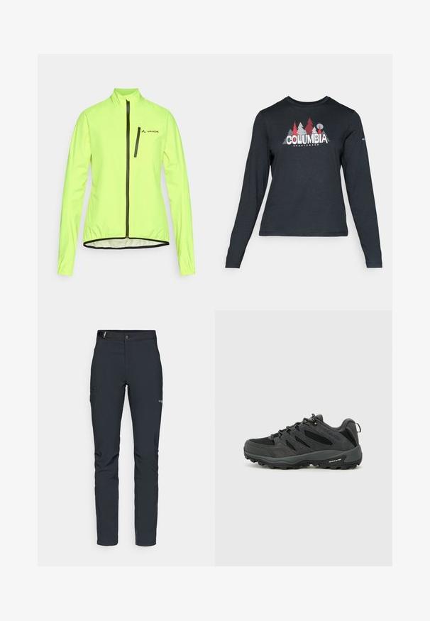 Neon keltainen kevyt takki, jossa on pitkät hihat, täysi etuvetoketju ja rintatasku. Ominaisuuksiin kuuluvat mustat yksityiskohdat ja vartalonmyötäinen muotoilu.; Tummanharmaa pitkähihaisen paidan graafinen kuva punaisista puista ja vuorista; "COLUMBIA" -logo lihavoituna valkoisella tekstillä. Pehmeä kangas, normaali pyöreä kaula-aukko.; Miestne vonkajšie nohavice, tmavo šedé, vyrobené z flexibilného materiálu, s opaskom, zipsovými vreckami a zosilneným šitím.; Columbia REDMOND - Vaelluskengät - black/citron haze