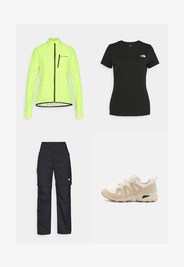 Neoonkollane kerge jakk pikade varrukatega, täispika eesluku ja rinnataskuga. Omab musti aktsente ja kitsast lõiget.; Mustvalge puuvillane t-särk, millel on ümber kaeluse lõige ja lühikesed varrukad. Märkimisväärne valge logo vasakul ülal nurgas. Sile tekstuur, mugav lõige.; Mustad nailonist valmistatud eemaldatavad cargo-püksid, reguleeritavate pahkluudega, mitmete taskutega ja paremal jalal logoga. Sile, kerge tekstuur.; Beež ja koobalti spordijalats tekstureeritud võrkkattega, toetavad ülemised kihid ja kummist tallaga, millel on mustriga joonistus haardeks.