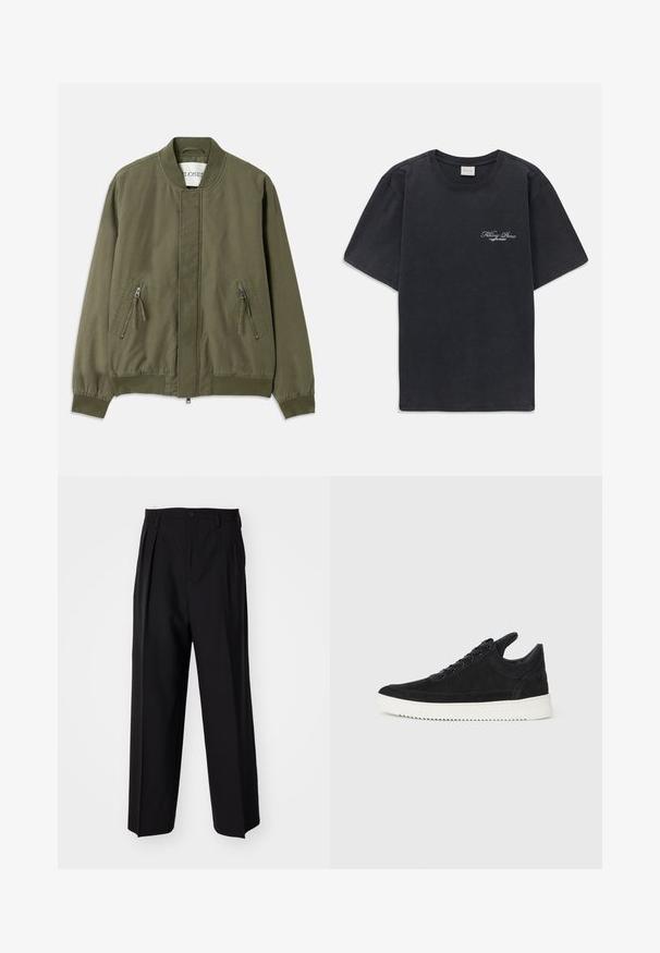 Olivza zaļš bomberis ar apaļu kakla izgriezumu, divām ar rāvējslēdzēju aizveramām priekšējām kabatām, elastīgām piedurknēm un tīru, minimālistisku dizainu. Ikdienas auduma tekstūra.; Melna īsās piedurknes T-kreklā ar mazu balto "Filling Pieces" tekstu logotipu uz kreisā krūšu.; Melnas plisētās bikses ar taisnu, plata kāja dizainu. Izgatavotas no gludas auduma, ar pogu aizdari un jostas cilpiņām.; Melna zamša apavi ar baltu gumijas zoli, ar tonālu izšuvumu un auklu dizainu. Gluda tekstūra ar mūsdienīgu, plūstošu formu.