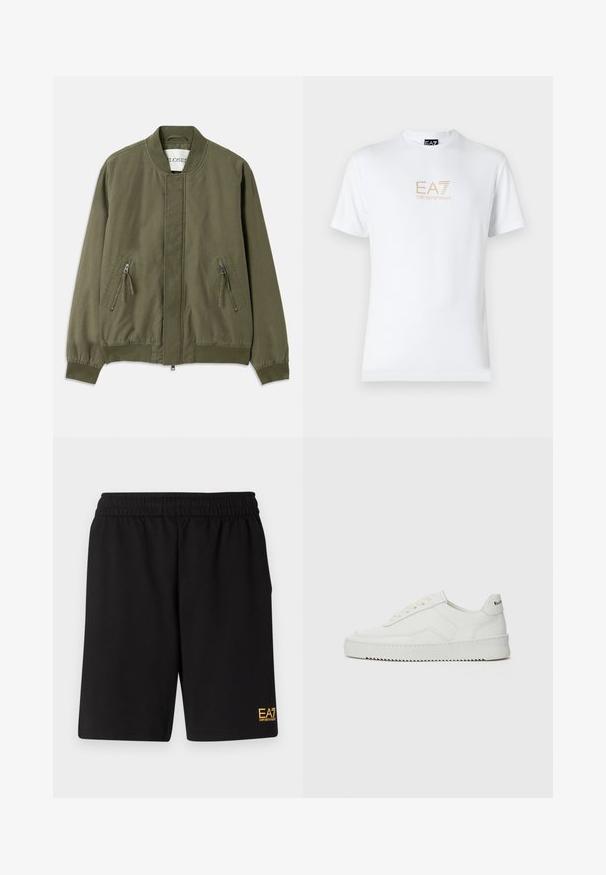 Olive roheline pommitaja jakk ümmarguse kaelusega, kahe lukuga eesmine taskuga, elastsete mansettidega ja puhta, minimalistliku disainiga. Igapäevane materjalitekstuur.; Valge puuvillane T-särk, millel on ümmargune kaelus ja lühikesed varrukad, ning mille esiosal on kuldne EA7 Emporio Armani logo.; Mustad mustad lühikesed püksid, mis on valmistatud pehmest kangast. Omavad elastset vöökohta ja väikest kollast EA7 logo vasakul jalal.; Valge nahast tennis, millel on sile põhi, ümar varvas, lamedad nöörid ja tekstuuriline tall. Sisaldab diskreetset logo kontsaribal.