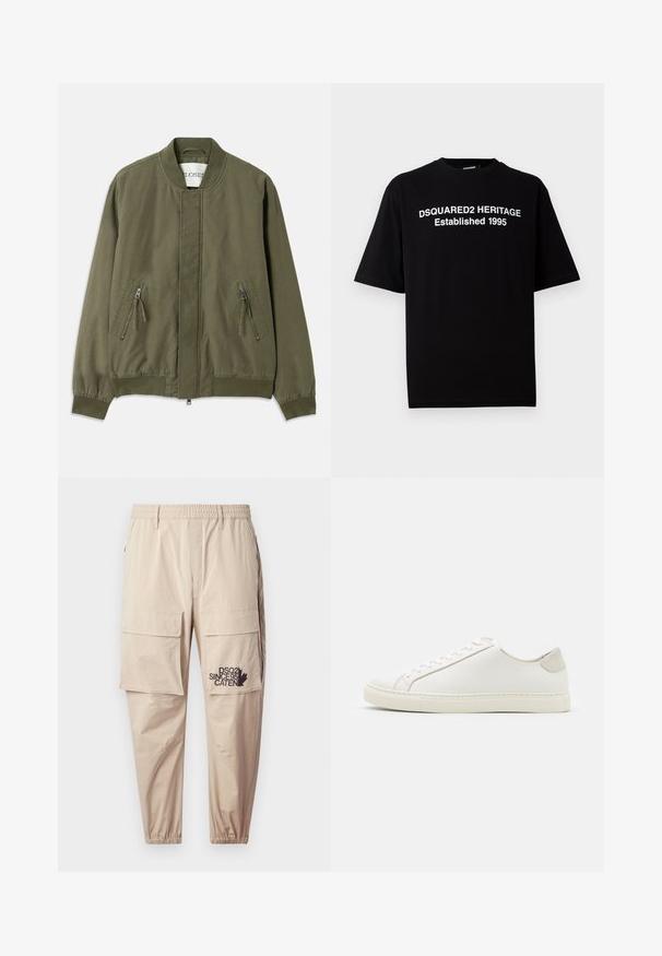 Jachetă bomber verde măslin cu guler rotund, două buzunare frontale cu fermoar, mâneci elastice și un design curat, minimalist. Textură casual a țesăturii.; Tricou scurt din bumbac, negru, cu guler rotund, având text alb: "DSQUARED2 HERITAGE Înființat 1995" pe față.; Pantaloni cargo bej dintr-un material ușor, cu talie elastică, buzunare cu fermoar și un logo imprimat pe piciorul stâng.; Tenisii albi din piele cu o suprafață netedă, vârf rotund și un design minimalist. Prezintă accente bej pe toc și o talpă din cauciuc.
