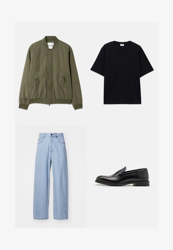 Olivgrüne Bomberjacke mit Rundhals, zwei zipbaren Fronttaschen, elastischen Bündchen und einem klaren, minimalistischen Design. Legere Stoffstruktur.; Schwarzes, oversized T-Shirt mit kurzen Ärmeln und rundem Ausschnitt, mit sichtbarem Filippa K Markenlabel im Kragen.; Helle blaue Denim-Jeans im weit geschnittenen Design, mit Fronttaschen, einem Knopfverschluss und detaillierten Nähten entlang der Säume.; Schwarze Lederloafers mit glatter Textur, rundem Zehenbereich und einem dekorativen Riemen über dem Vorderfuß. Niedriger, gestapelter Absatz, minimalistisches Design.