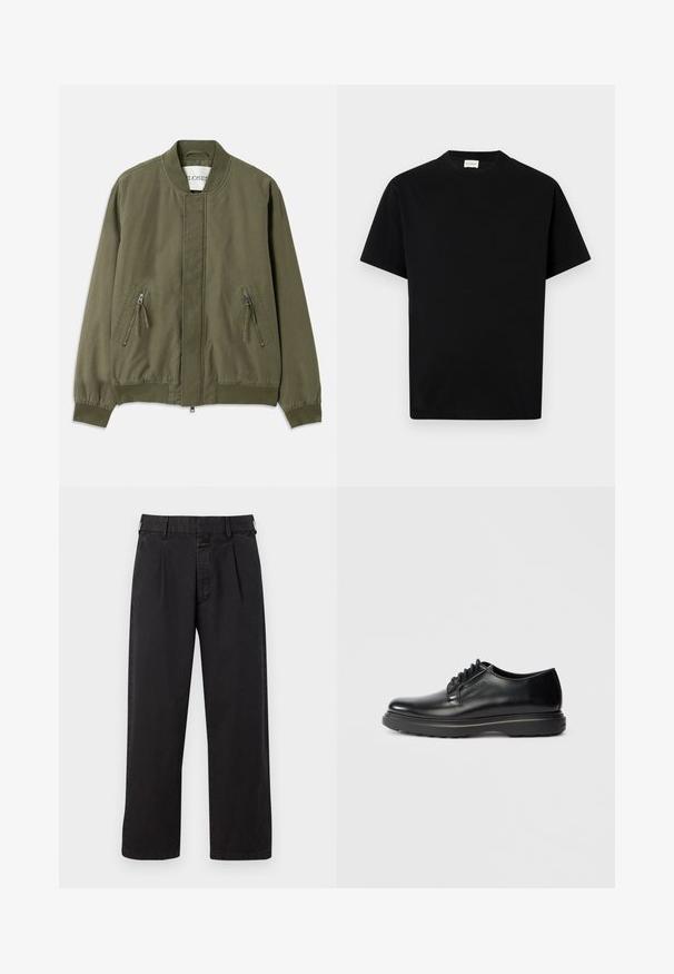 Olivengrøn bomberjakke med rund hals, to lynlåslommer foran, elastiske manchetter og et rent, minimalistisk design. Casual stofstruktur.; Sort bomuld t-shirt med rund hals, korte ærmer og lige snit. Ingen synlige mønstre eller hardwaredetaljer.; Sorte bomuldsbukser med lige snit, med plisseret front, bæltestropper og knaplukning. Glat tekstur uden mønstre.; Sort læder snøresko med tyk sål og "WATERMAN" præget på siden, vist i profil på lys grå baggrund.