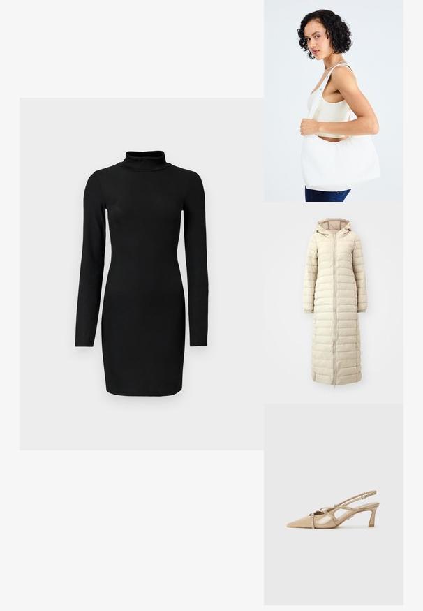 Long beige puffer coat made of quilted fabric, featuring a hood, full front zipper, and elasticized cuffs and hem. Smooth texture.; Black ribbed long-sleeve dress with a mock neck, fitted silhouette, and smooth texture. Mid-thigh length and no visible patterns or accents.; Beige patent leather slingback heels with a pointed toe, adjustable straps, and a 6 cm block heel. Includes decorative silver accents.; White shoulder bag made of smooth material, featuring an oval cutout and wide strap design. Simple and modern with no visible hardware.