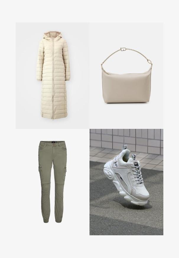 Langer beiger Daunenmantel aus gestepptem Stoff, mit Kapuze, durchgehendem Reißverschluss und elastischen Bündchen sowie Saum. Glatte Textur.; Langärmliges weißes Oberteil mit weitem Halsausschnitt und gerafftem Detail im Rücken. Glatte Textur, figurbetonter Schnitt.; Olivgrüne Cargo-Hosen aus strapazierfähigem Baumwollgemisch mit schmalen Bündchen, mehreren Taschen und Kniefalten für zusätzliche Bewegungsfreiheit.; Weißer Sneaker aus Mesh- und Ledermaterialien, mit rundem Zehenbereich, dicker Sohle, auffälligen Schnürsenkeln sowie Branding an der Ferse und der Zunge.; Beige Lederhandtasche mit weicher Textur, rechteckiger Form, Reißverschluss oben und einer goldenen Kettenriemen. Minimalistisches Design und neutrale Farbe.
