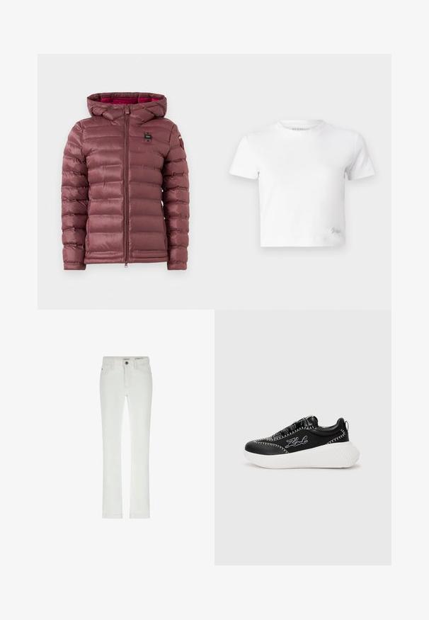 Dutá bunda v muškátovej farbe so zipsom vpredu, kapucňou a horizontálnym prešívaním. Obsahuje nášivku s logom na ľavej hornej časti hrudníka a elastické manžety.; Biely croptop vyrobený z hladkej bavlny, s vysokým výstrihom a krátkymi rukávmi. Malé vyšívané logo v dolnom rohu.; Biele džínsy so slim fit strihom, 5 vreckami a kontrastným prešívaním. Obsahujú zapínanie na gombík a nenápadnú značkovú etiketu na páse.; Čierne tenisky s bielou podrážkou, vyrobené z kože a textilu. Majú kontrastné švy a logo na boku. Mierne zvýšený podpätok.