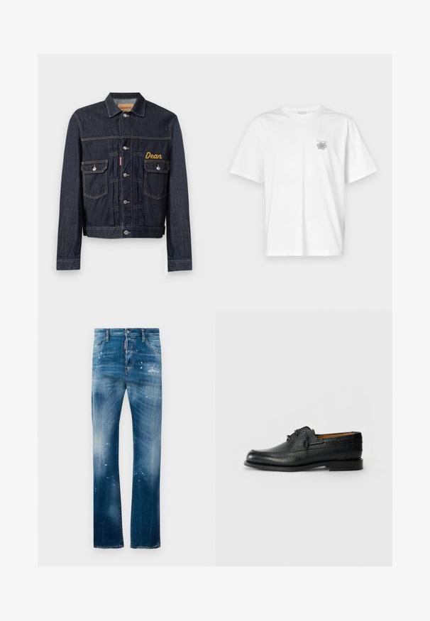 Tamnoplava traper jakna klasičnog dizajna s žutim izvezenim imenom "Dean", dva džepa na prsima i srebrnim kopčama.; Bijela majica od pamuka s kratkim rukavima, okruglim izrezom i malim sivim logotipom na lijevoj strani prsnog područja. Glatka tekstura.; Izblijedjeli plavi traperice s ravnim nogavicama, s oštećenim mjestima i laganim detaljima prskanja boje. Klasičan dizajn s pet džepova.; Crna kožna cipela s teksturiranom površinom, okruglim vrhom i dizajnom vezanja sa dva rupičasta oka. Ima ravni potplat i minimalistički brend na strani.