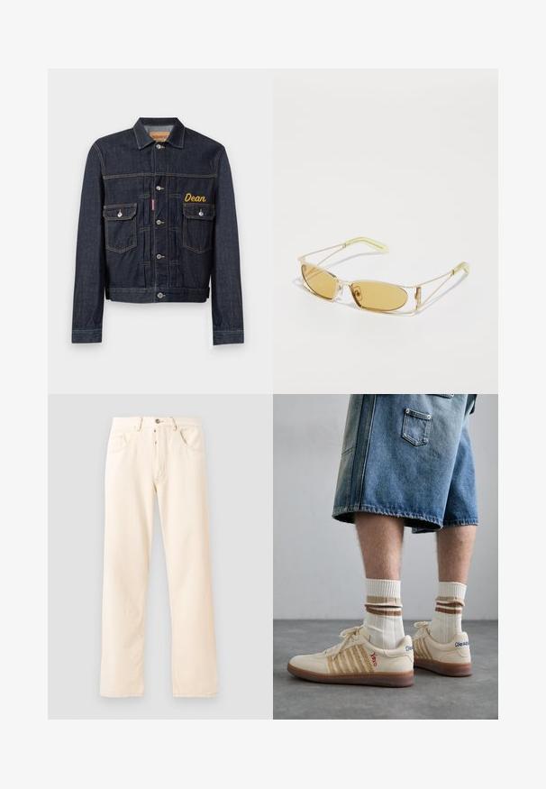 Donkerblauwe spijkerjasje met een klassiek ontwerp, voorzien van een gele geborduurde naam "Dean", twee borstzakken en zilverkleurige knoopsluitingen.; Grijze katoenen t-shirt met een kleine borduurmotief van een oranje voskop boven de linkerkant van de borst. Ronde hals, korte mouwen en een klassieke pasvorm.; Lichtbeige denim jeans met een rechte pijp, vijf zakken en een sluiting met een knoop aan de voorkant. Stiksel zichtbaar langs de naden.; Beige retro sneakers met een bruine rubberen zool, met gestreepte accenten en geborduurde logo's. Draag ze met witte sokken met gestreepte bruine details.; Geel getinte zonnebril met een doorzichtig gouden montuur, slank rechthoekig ontwerp en hoekige armen met lichtgroene accenten.