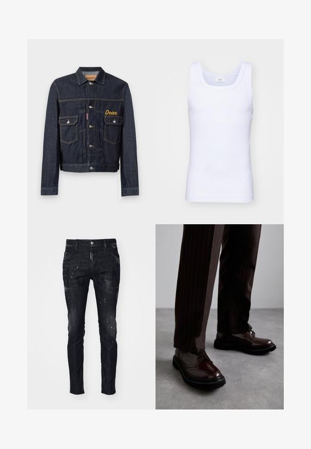 Sötétkék farmerdzseki klasszikus kialakítással, sárga "Dean" névvel hímzett, két mellzsebbel és ezüst színű gombokkal.; Fehér pamut ujjatlan trikó kerek nyakkivágással, sima textúrával és testhezálló fazonnal, amelyet hétköznapi viseletre terveztek.; Fekete farmernadrág karcsúsított szabással, kopott hatással, fröcskölt mintával és elöl zsebekkel. Az elején márkajelzés látható.; Barna bőrből készült, fényezett felületű, fűzős cipők, fekete gumitalppal és diszkrét varrásokkal. Csíkos barna nadrággal viselve.