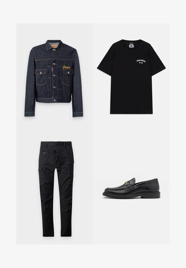 Chaqueta de mezclilla azul oscuro con un diseño clásico, que presenta el nombre "Dean" bordado en amarillo, dos bolsillos en el pecho y botones plateados.; Camiseta de algodón negra con mangas cortas, que presenta el logo blanco "DSQUARED2 MILANO" en el pecho. Diseño de cuello redondo, textura suave.; Pantalones cargo negros hechos de tela duradera, con múltiples bolsillos, cierre de botón y un diseño de pierna recta. Textura suave y acabado mate.; Mocasines de cuero negro con punta redondeada, que cuentan con un detalle de herrajes dorados y costuras, situados sobre una suela de goma texturizada y baja.
