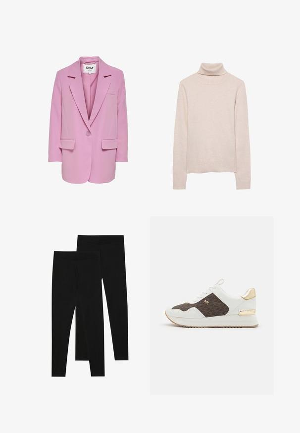 ONLY ONLLANA - Pitkä takki - fuchsia pink; Vaaleanpunainen pooloneule, joka on valmistettu pehmeästä neulemateriaalista. Ominaisuuksiin kuuluvat pitkät hihat sekä ribbireunukset kauluksessa ja helman varrella. Klassinen istuva malli.; Mustat legginssit, jotka on valmistettu joustavasta kankaasta, joissa on saumaton vyötärö ja kapea malli, sopivat arkikäyttöön tai liikuntaan.; Valkoiset lenkkarit, joissa on ruskeasta kuviollisesta kankaasta valmistettu paneeli, kultaiset yksityiskohdat, pyöreä kärki, nauhakiinnitys ja teksturoitu kumipohja.
