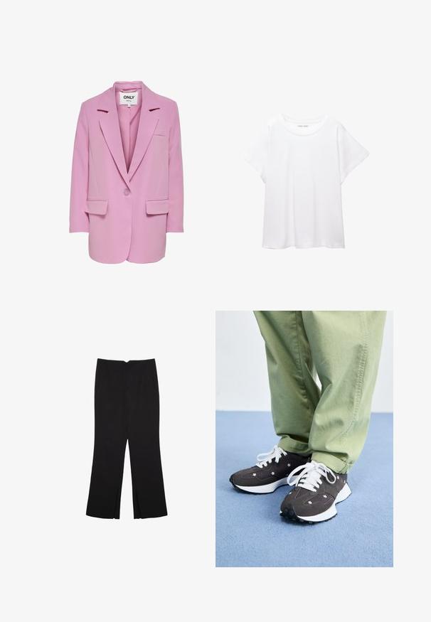 ONLY ONLLANA - Korte frakker - fuchsia pink; Hvid T-shirt lavet af blødt, let stof. Har en rund halsudskæring og korte, brede ærmer med en afslappet pasform. Ingen synlige mønstre.; Sorte bukser med lige pasform, der har frontlommer og slidser i kanten. Lavet af blødt, glat stof. Velegnet til forskellige anledninger.; Mørkegrå sneakers med hvide snørebånd og blomstrede detaljer, med en tyk hvid sål og tekstureret materiale. Båret med lysegrønne bukser.
