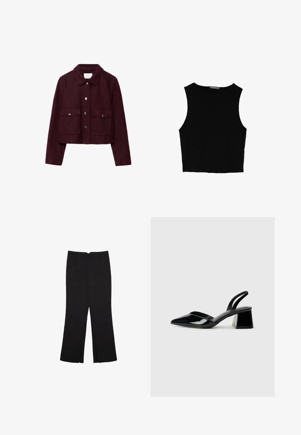 Bordeaux cropped jakke lavet af uld, med en spids krave, to forlommer og sølv trykknapper på knapstolpen.; Sort ærmeløs crop top lavet af glat stof, med rund hals og et rent, enkelt design uden mønstre eller hardware.; Sorte bukser med lige pasform, der har frontlommer og slidser i kanten. Lavet af blødt, glat stof. Velegnet til forskellige anledninger.; Sorte patentlæder slingback hæle med spids tå og en geometrisk blok hæl. Har et elegant, minimalistisk design og en glat tekstur.