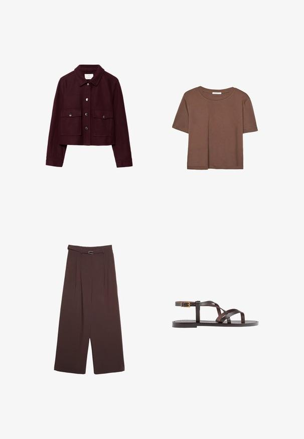 Bordo skrátená bunda vyrobená z vlny, s špicatým golierom, dvoma prednými vreckami a striebornými cvokmi na zapínaní.; Hnedé tričko s krátkym rukávom vyrobené z jemného materiálu, s okrúhlym výstrihom a voľným strihom. Žiadne viditeľné vzory ani akcenty.; Stradivarius WIDE-LEG WITH BUCKLE DETAIL - Nohavice - dark brown; Hnedé kožené sandály s krížovými popruhmi, uzatváraním na pracku okolo členku a plochou podrážkou s minimálnymi ševmi.