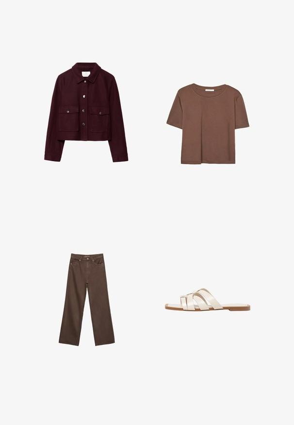 Giacca cropped bordeaux in lana, con colletto a punta, due tasche frontali e bottoni a scatto argentati sul pattino.; Maglietta a maniche corte marrone realizzata in tessuto morbido, con scollatura rotonda e vestibilità rilassata. Nessun motivo o dettaglio visibile.; Jeans a gamba larga marroni in denim, con vita alta, tasche anteriori e chiusura a bottone classica. Tessuto liscio con cuciture sottili.; Infradito con suola in gomma color talpa, progettate con tre cinturini in pelle bianca sovrapposti e un piccolo dettaglio a fiocco al centro.