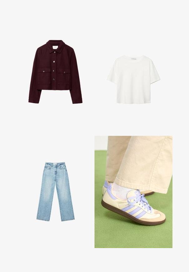 Valkoinen lyhyt takki, joka on valmistettu villasta. Takissa on terävä kaulus, kaksi etutaskua ja hopeiset napit placketissa.; Valkoinen lyhythihainen T-paita, joka on tehty puuvillasta. Siinä on pyöreä kaula-aukko ja rento malli. Silkkinen pinta ilman näkyviä kuvioita tai koristeita.; Vaaleansiniset leveälahkeiset farkut korkealla vyötäröllä, joissa on haalistunut pesu ja pieniä, satunnaisia kulumisia ympäriinsä.; Kermasilta ja laventelilta näyttävät lenkkarit kolmella raidalla ja teksturoidulla ruskealla pohjalla, varustettuna nauhoilla ja pehmustetulla kantapäällä. Pehmeä kangaspinta.