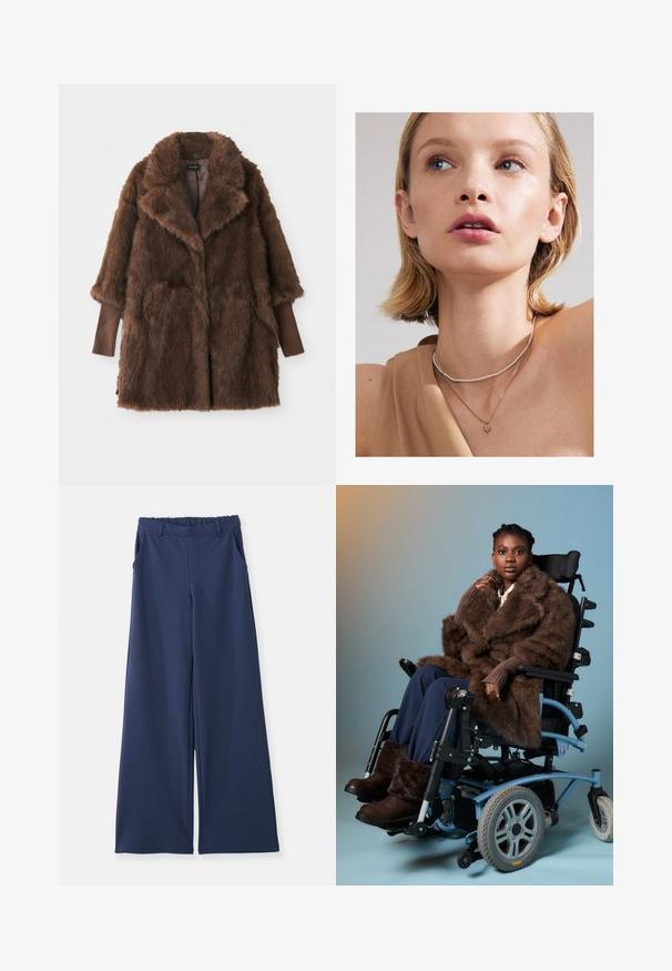 Cappotto in pelliccia sintetica marrone con un ampio colletto, due tasche frontali e polsini a coste marroni. Texture morbida e pelosa, design di lunghezza media.; Camicia a righe in crema e marrone chiaro, con chiusura a bottoni sul davanti, colletto e maniche lunghe con orlo leggermente curvo.; Pantaloni a gamba larga blu navy con vita elasticizzata, passanti per cintura e tasche laterali, mostrati piatti su uno sfondo bianco.; Donna in un cappotto di pelliccia marrone e stivali seduta su una sedia a rotelle elettrica blu chiaro, contro uno sfondo a gradiente semplice.; Collana con pendente a forma di cuore in oro, sovrapposta a un sottile choker di perline argentate, indossata con una maglietta beige. La pelle è liscia e leggermente illuminata.
