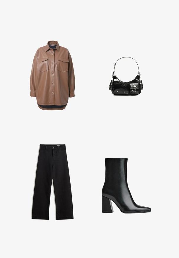 Giacca camicia in finta pelle marrone con due tasche sul petto, chiusura con bottoni e orlo arrotondato. Presenta una vestibilità rilassata e maniche lunghe.; Maglione nero lavorato a maglia con scollo a barca, maniche lunghe e polsini e orlo a coste. Realizzato con materiale morbido e strutturato.; Pantaloni in denim neri a gamba larga con vita alta, dotati di tasche anteriori e posteriori, cuciture a punto, e chiusura con bottone. Texture liscia.; Stivali neri in pelle fino alla caviglia con punta affilata e tacco alto a blocco. Texture liscia con una silhouette elegante e un design di base solido.; Borsa a spalla in vernice nera con forma curvata, una tracolla, tasche frontali e dettagli in metallo argentato.