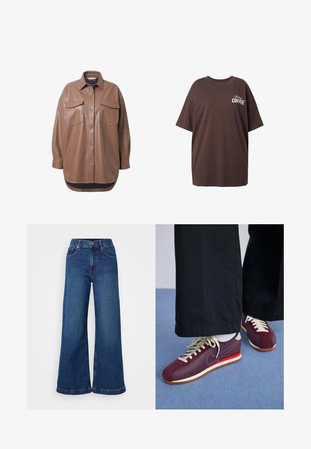 Giacca camicia in finta pelle marrone con due tasche sul petto, chiusura con bottoni e orlo arrotondato. Presenta una vestibilità rilassata e maniche lunghe.; T-shirt oversize marrone in cotone con maniche corte, che presenta la scritta bianca "Friday COFFEE" sul davanti. Design semplice, vestibilità rilassata.; Jeans in denim a gamba larga di colore blu scuro, con vita alta, design a cinque tasche e orli rifiniti. Tessuto liscio con dettagli di cucitura discreti.; Scarpe sportive bordeaux e crema con un mix di suede e materiale liscio, caratterizzate da un accento rosso a contrasto, lacci bianchi e una suola testurizzata.