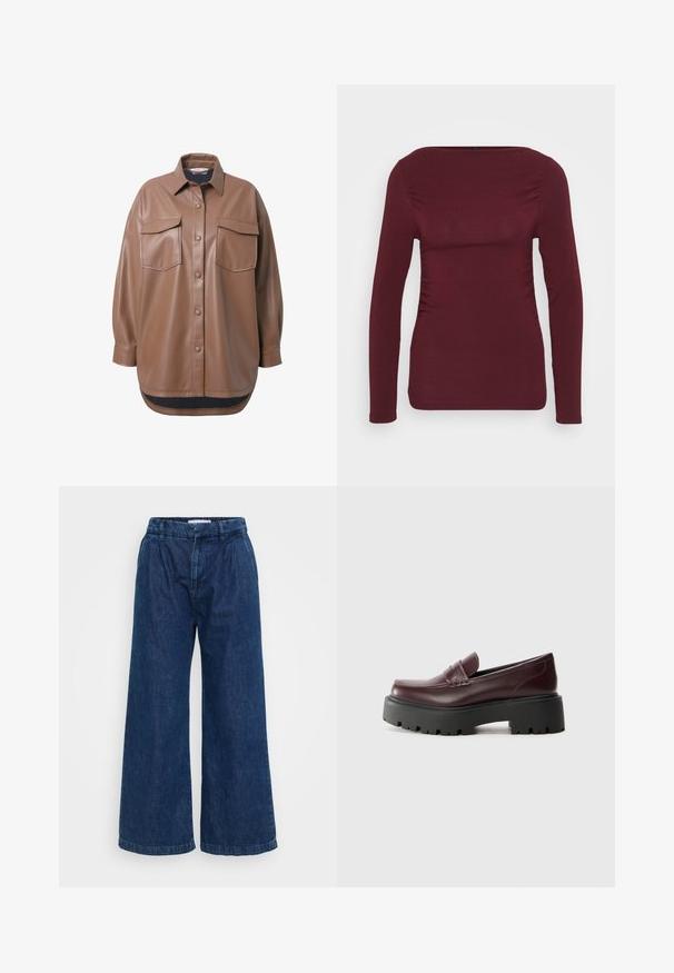 Camisa chaqueta de imitación de cuero marrón con dos bolsillos en el pecho, cierre de botones en la parte delantera y dobladillo redondeado. Presenta un corte holgado y mangas largas.; Top de manga larga burdeos, fabricado con tejido suave, que presenta un escote cuadrado y fruncidos laterales para un diseño ajustado. Textura lisa sin patrones.; Pantalones de mezclilla de pierna ancha en azul oscuro. Presentan una cinturilla elástica, un corte holgado y detalles de costura mínimos en el dobladillo.; Mocasines de cuero burdeos con puntera redonda, costuras decorativas y una suela de goma negra gruesa que presenta un patrón de tracción robusto.