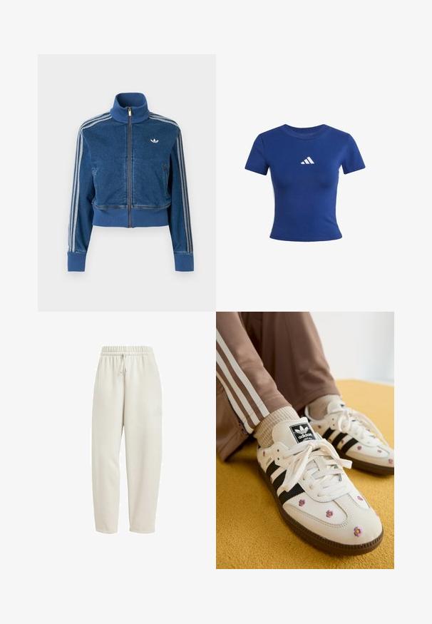 Modrá džínová bunda na zip s vysokým límcem, žebrovanými manžetami a třemi bílými pruhy podél rukávů. Na hrudi je malý logo.; Modré bavlněné tričko s krátkým rukávem, na hrudi s bílým logem Adidas a kontrastními bílými postranními panely.; Světlé béžové tepláky vyrobené z měkké látky, s elastickým pasem na šňůrku a decentním logem na boku.; Bílé kožené tenisky se třemi černými pruhy a květinovou výšivkou v purpurové a žluté barvě. Hnědá gumová podrážka. Spárované s béžovými žebrovanými ponožkami.