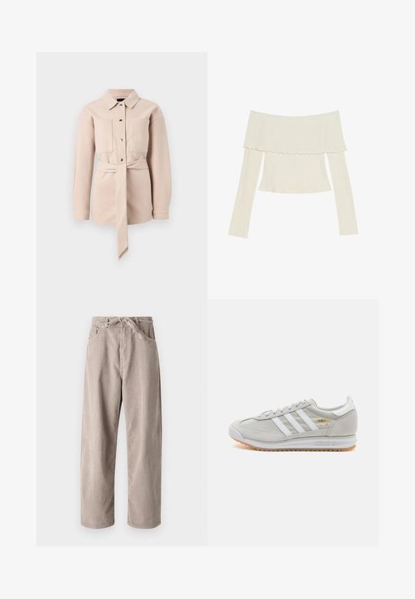 Világos bézs övvel ellátott ing galléros nyakkal, elülső gombos záródással, két mellzsebbel és hosszú ujjakkal. Simogatott textúra, minimalista dizájn.; Krém színű, vállig érő bordázott felső, fodros nyakkivágással és hosszú ujjakkal, testhez simuló fazonban. Az anyagának általánosan sima textúrája van.; Beige bordás nadrág laza fazonnal, állítható derekkal, két elülső zsebbel és függőleges bordázott textúrával.; Világosszürke sportcipő velúr és hálós anyagból, három fehér csíkkal, kerek orral és gumi talppal. Arany logó dísz a fűzők közelében.