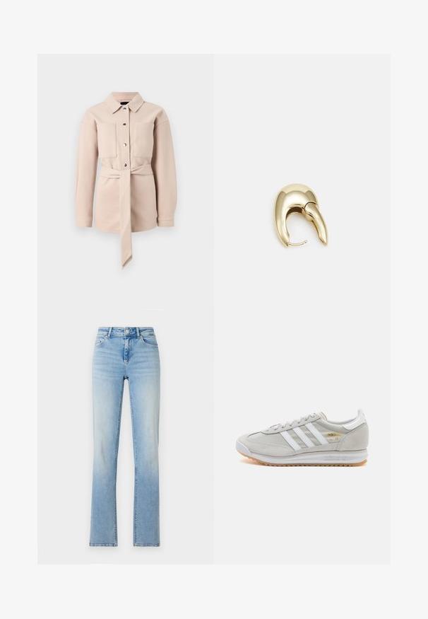 Vaalea beige vyöllä varustettu paita, jossa on kauluksellinen pääntie, etunapit, kaksi rintataskua ja pitkät hihat. Sileä rakenne, minimalistinen muotoilu.; Valkoinen off-the-shoulder ribbipaita, jossa on rypytetty kaula-aukko ja pitkät hihat, jotka muotoilevat ykköskokoa. Yhteensä sileä rakenne.; Vaaleansinisiä farkkuhousuja, joissa on korkea vyötärö, suora lahje ja hieno haalistuma. Ominaisuuksiin kuuluu viisi taskua ja vyölenkit.; Vaaleanharmaat sneakerit, jotka on valmistettu mokasta ja verkosta, sisältäen kolme valkoista raitaa, pyöreän kärjen ja kumisen pohjan. Kultainen logo yksityiskohta nauhojen läheisyydessä.; Kultahipuinen korvakoru, jossa on sulavalinjainen, kaareva muotoilu. Ominaisuuksiin kuuluu erottuva terävä muoto, kiillotettu pinta ja sarana kiinnitys.