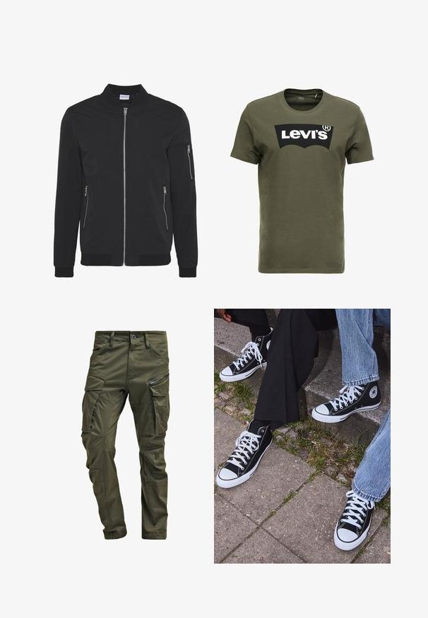 Black bomber jacket with a zip front, two side pockets, and one arm pocket. Features ribbed cuffs and hem, smooth fabric finish.; Olive green cotton t-shirt featuring a large black Levi's logo on the front. Classic crewneck and short sleeves, smooth texture.; Olive green cargo pants made from sturdy cotton. Features multiple pockets, a zippered side pocket, and tapered legs with a slightly textured finish.; Black high-top canvas sneakers with white rubber soles and laces, featuring a circular logo on the side and paired with denim and black pants.