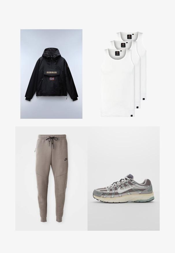 Černá voděodolná bunda s kapucí, která má přední kapsu, vyšívané logo a detail norské vlajky. Hladká textura, design přes hlavu.; Tři bílé žebrované tílka vyrobené z bavlny. Mají kulatý výstřih a malé černé štítky poblíž lemu. Dostupné v několika velikostech.; Šedé Nike tepláky s elastickým pasem na šňůrku, zúženými nohavicemi, bočními kapsami a charakteristickým švem. Měkká, strukturovaná tkanina.; Šedá sportovní obuv s vrchní částí z mikrovlákna a semiše, bílými akcenty, polstrovanou podrážkou a jedinečným designem s reflexními prvky.